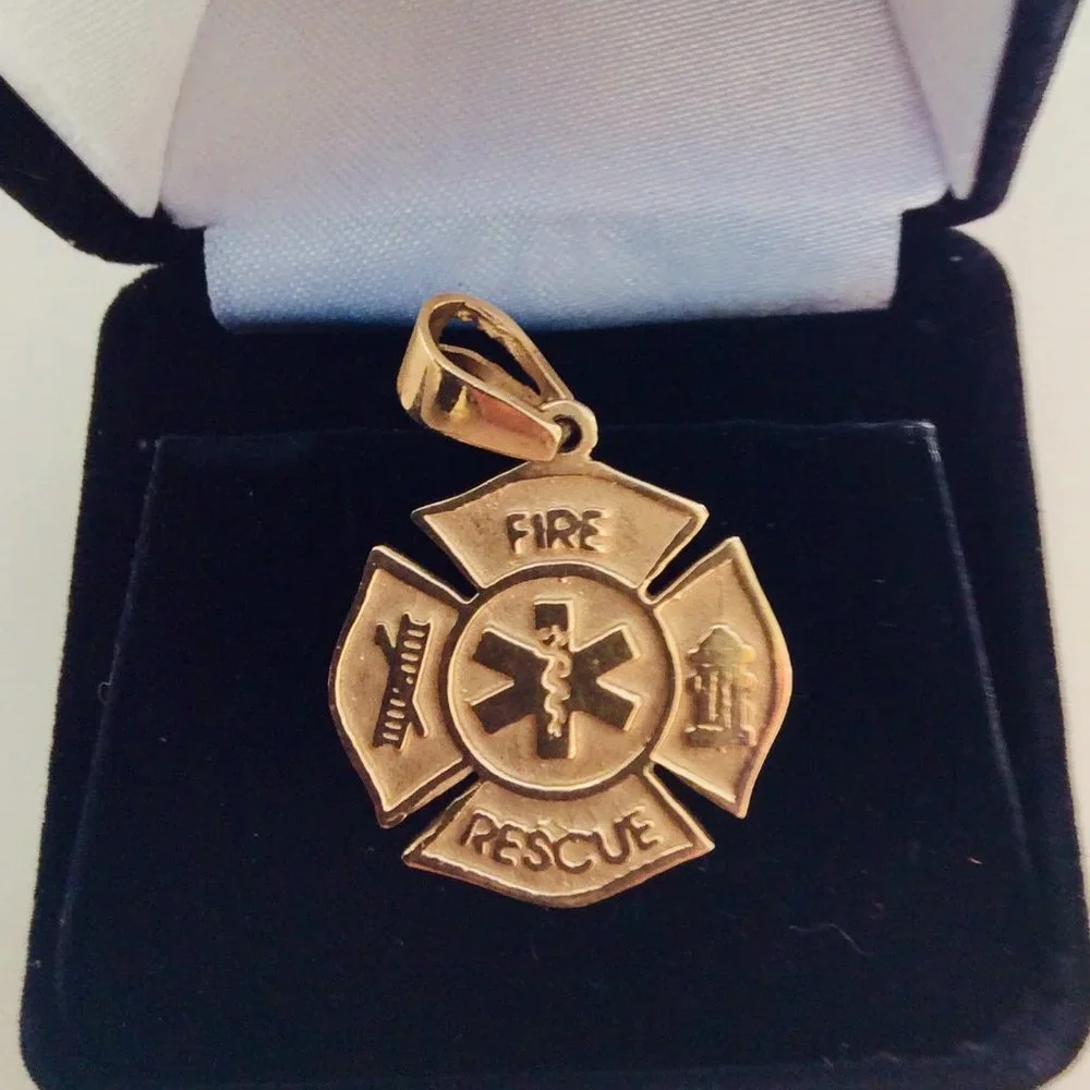 14k Gold Fire Resue with Cadieus symbol Maltese Cross Pendant - Picture 6 of 11